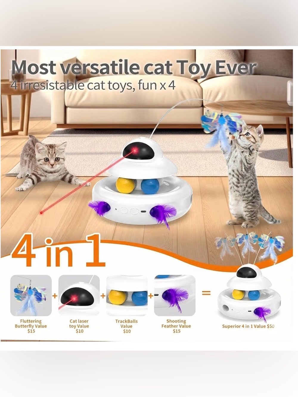 MOHAYA 4 in 1 Rechargeable Interactive Cat Toy Laser Balls Feathers Butterfly - Picture 3 of 6
